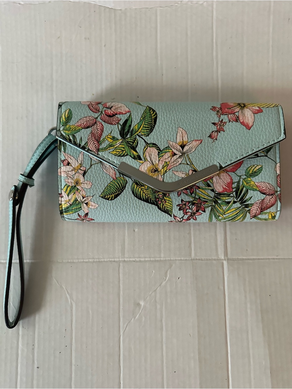 New York & Company Floral Wristlet Wallet Aqua Pink Botanical Envelope Clutch